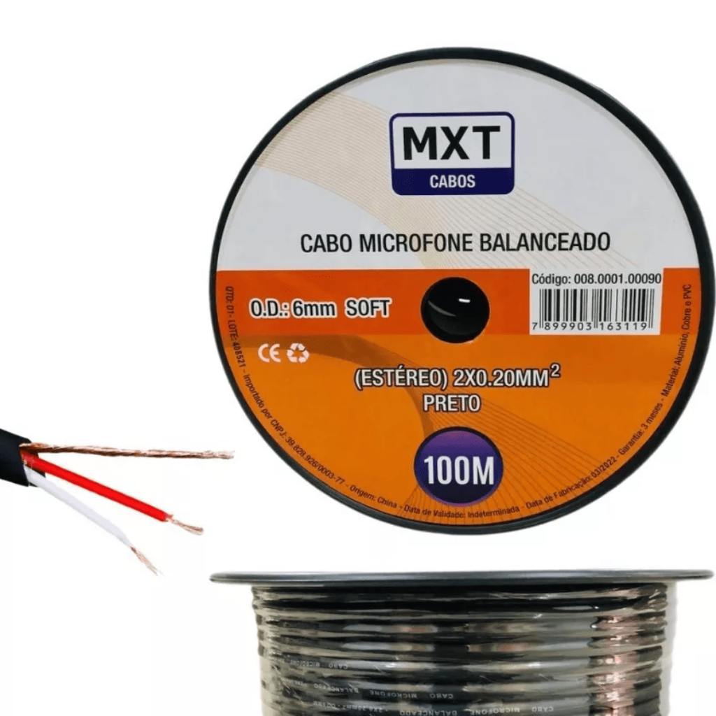 CABO MICROFONE BALANCEADO ESTEREO 2X0.20MM - OD 6MM - PRETO MXT