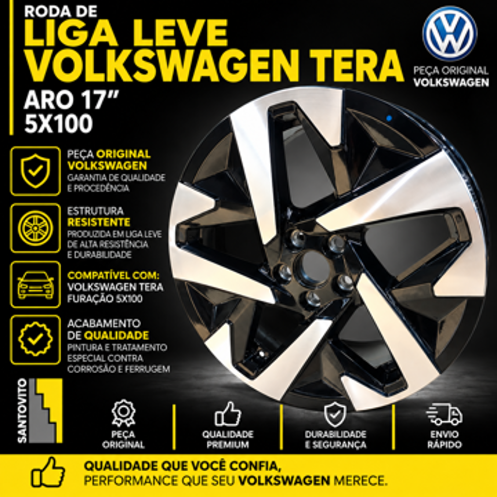 Roda Volkswagen Tera aro 17 preto brilhante e prata diamantada 5x100