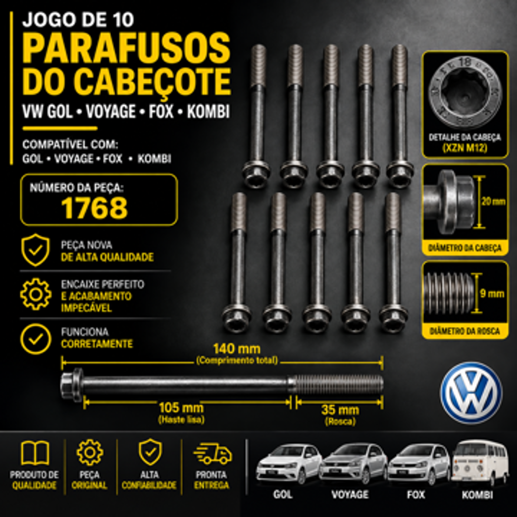 Kit 10 parafuso do cabeçote Volkswagen Fox Polo Gol  Kombi 1.0 - 1.4 - 1.6 8v