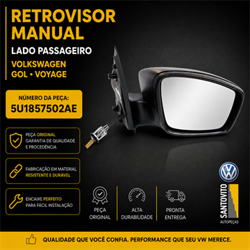 Retrovisor manual Volkswagen Gol Voyage sem seta cor preto lado passageiro