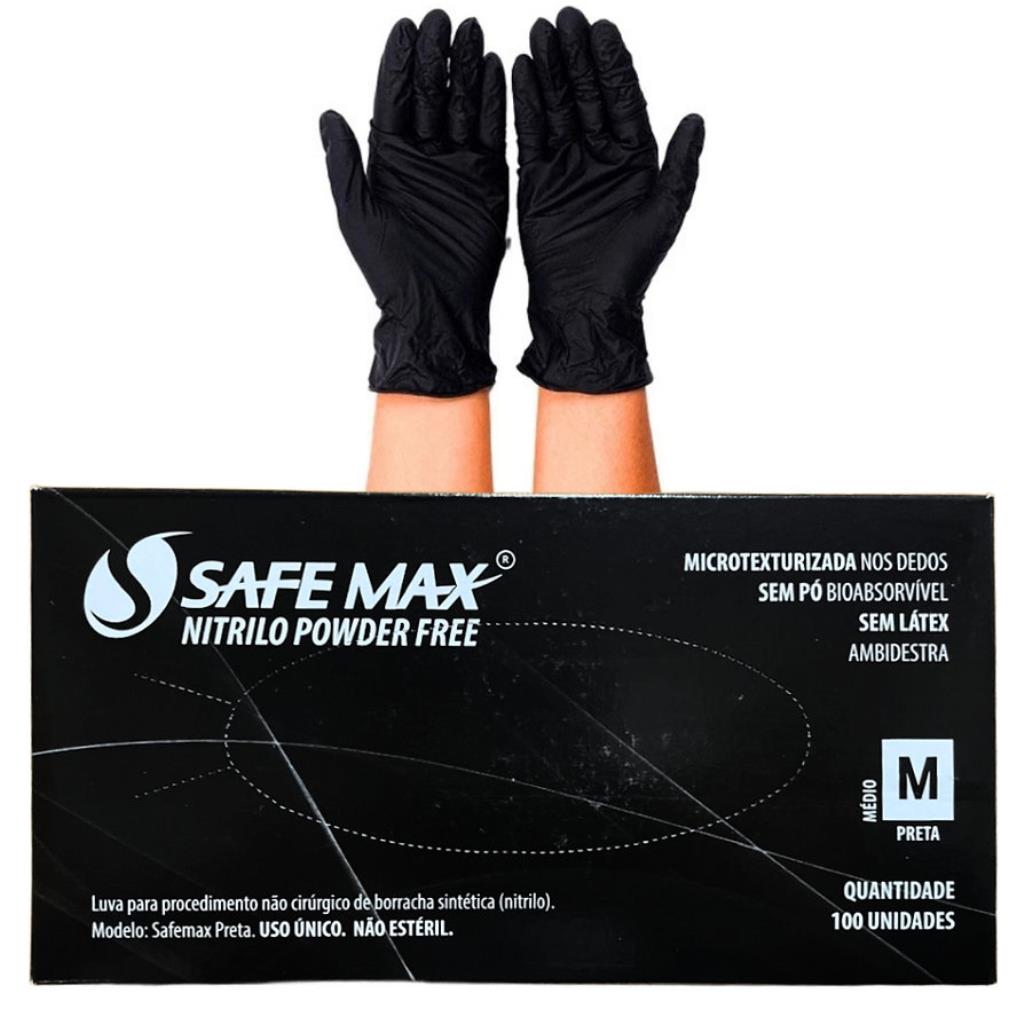 Luva Nitrilica Sem Pó Preta Safemax Tam M (Caixa c/100)