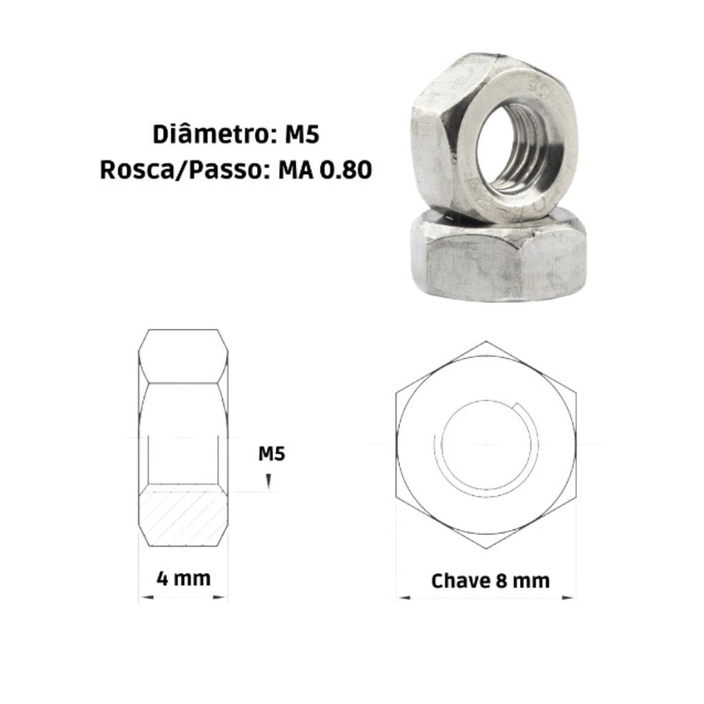 Porca Sextavada  M5-0,80 MA Cl.5 FE Zincada Branco