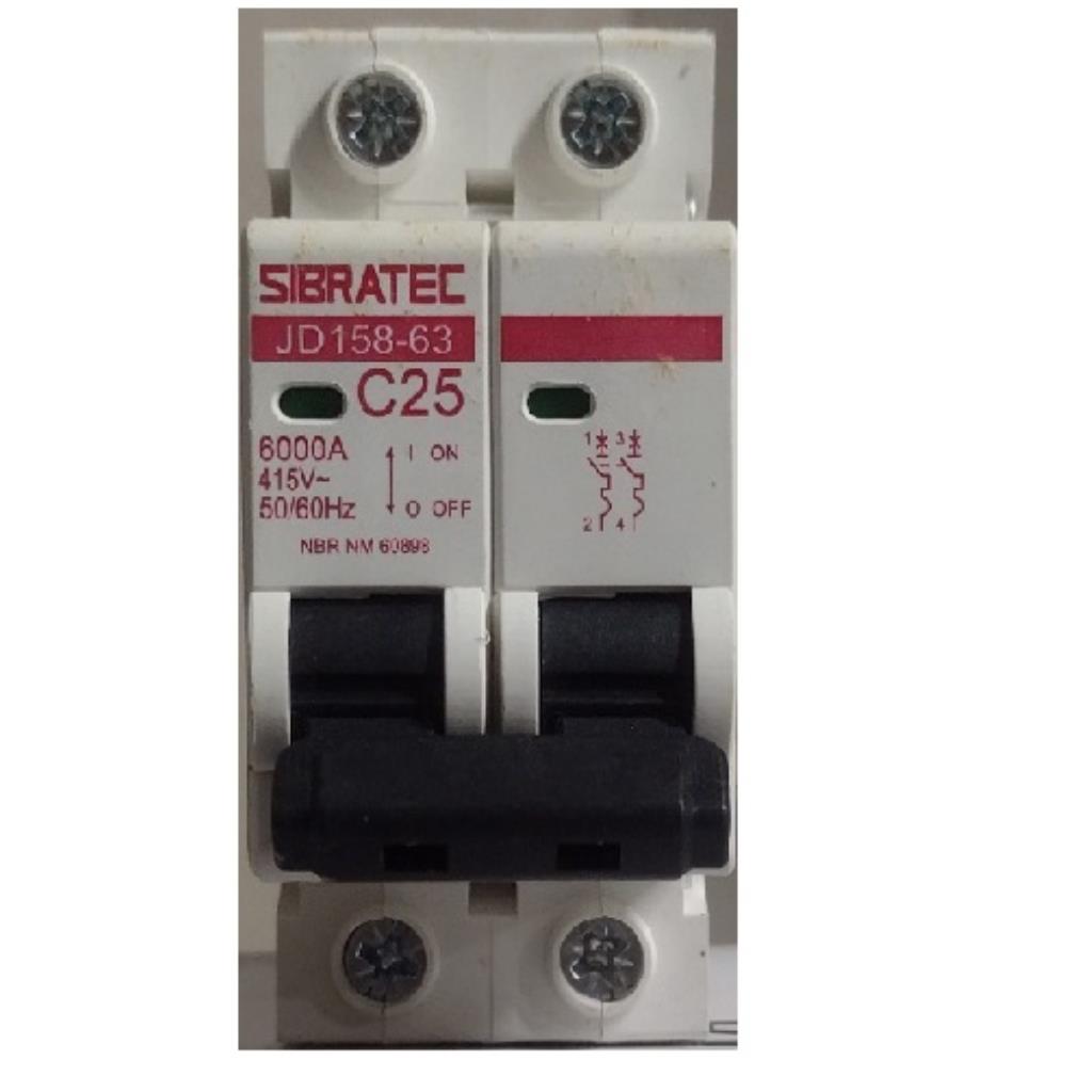 Disjuntor DIN Bifásico de 25A. Curva C - 6kA - JD158 - SIBRATEC