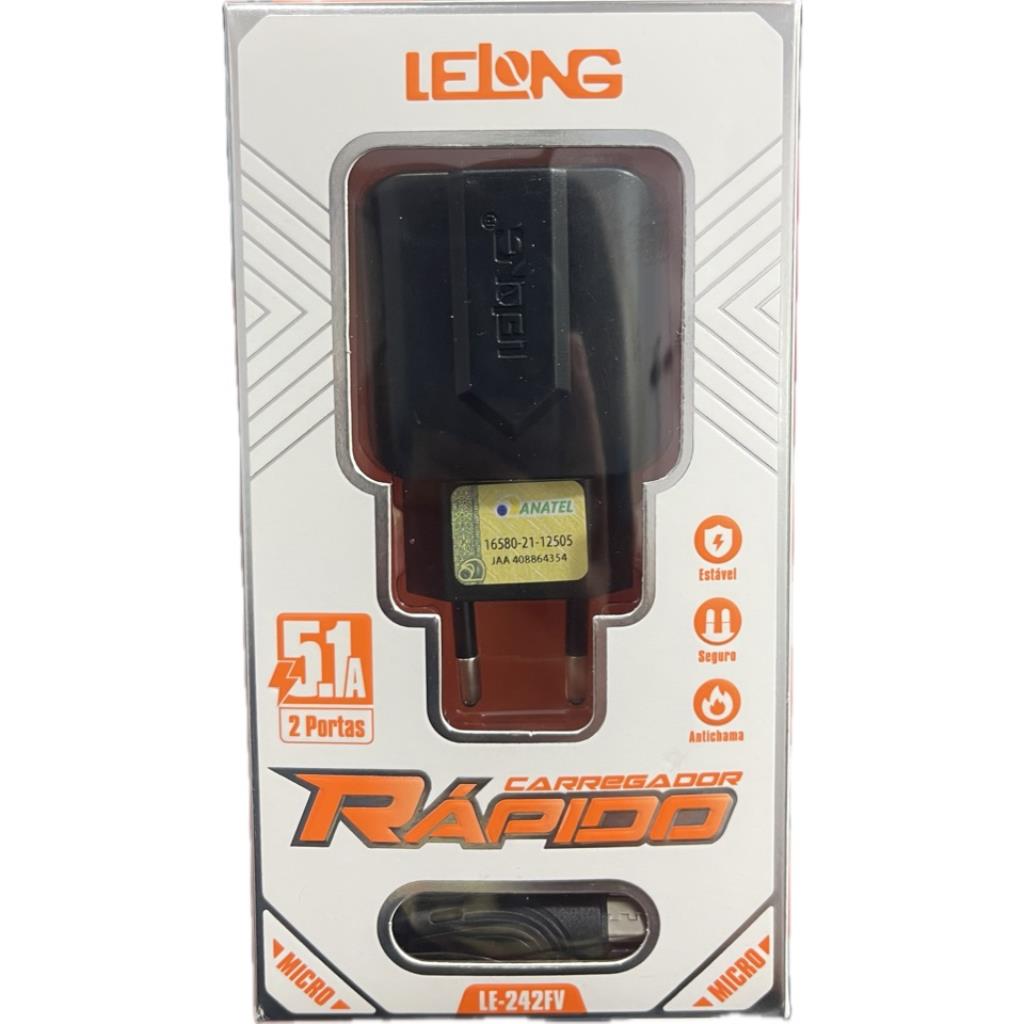 Carregador 2 USB para Micro USB V8 12.5W 5.1A LeLong - LE-231FV