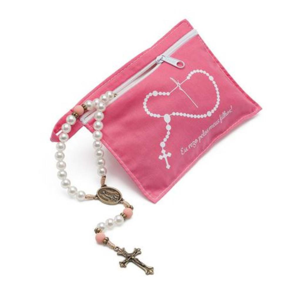 TERÇO PÉROLA NOSSA SENHORA DE FÁTIMA COM BOLSINHA ROSA