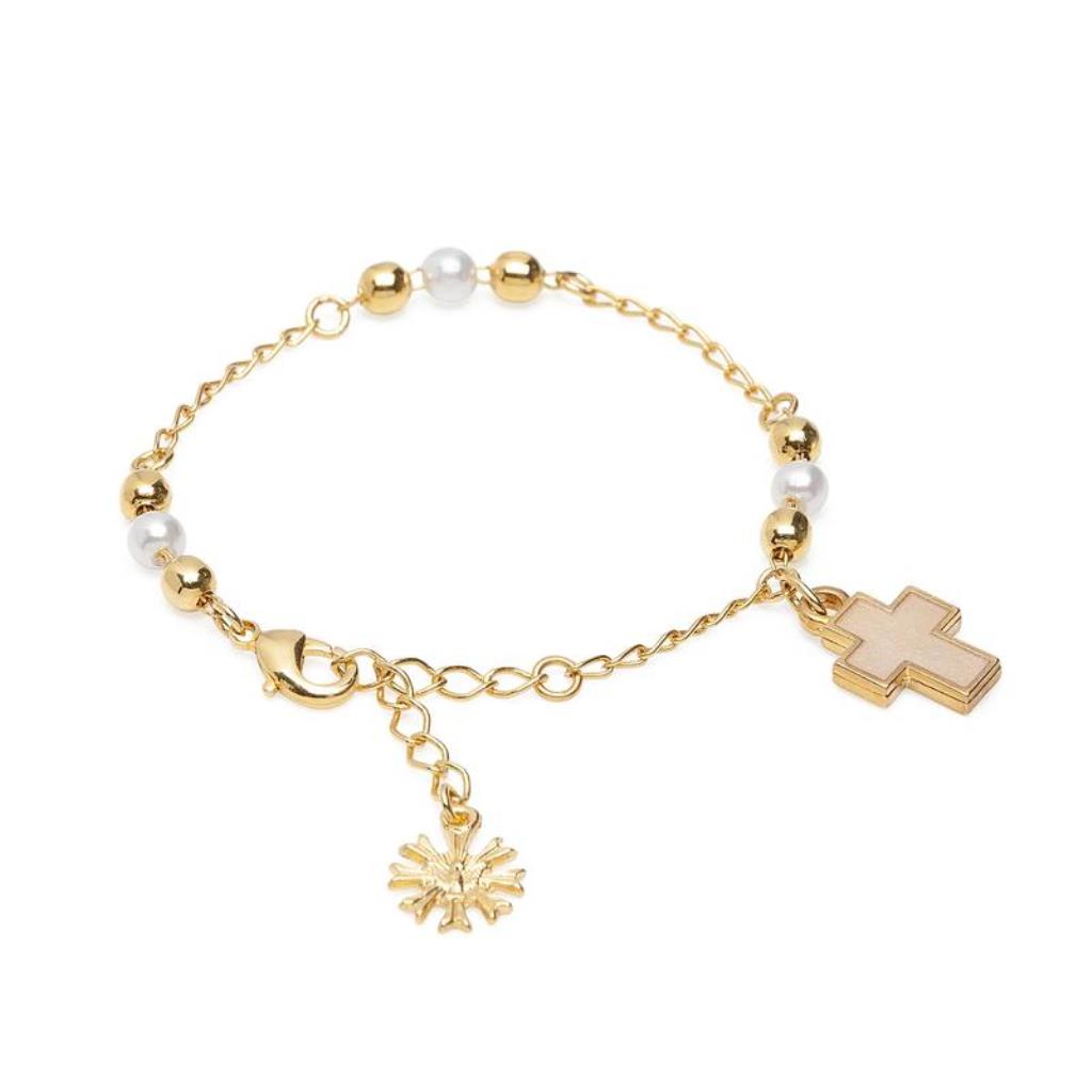 PULSEIRA INFANTIL DOURADA PÉROLA COM CRUZ