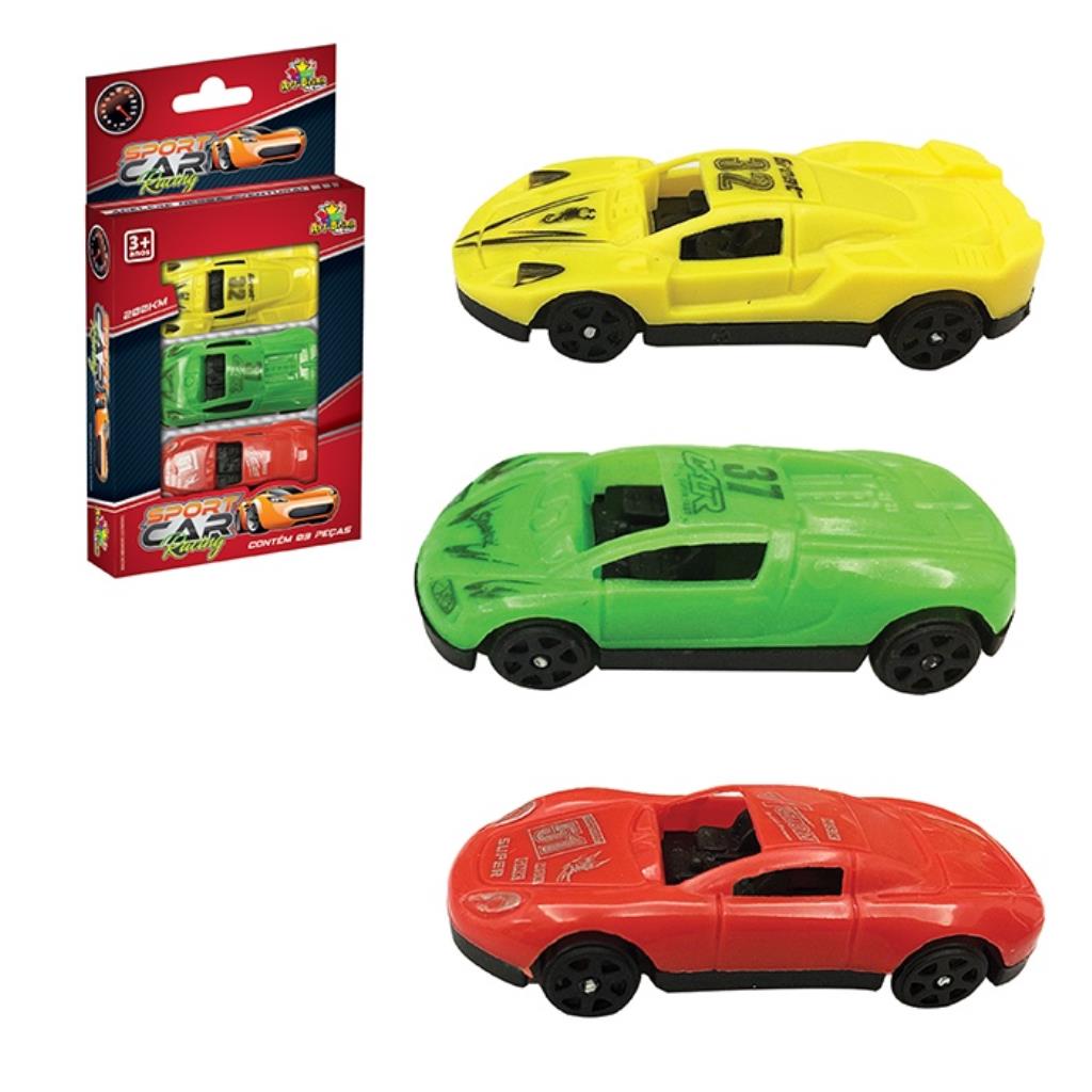 Kit 3 carrinhos de coleção com roda livre - um carro formula um e dois carros esportes de plástico