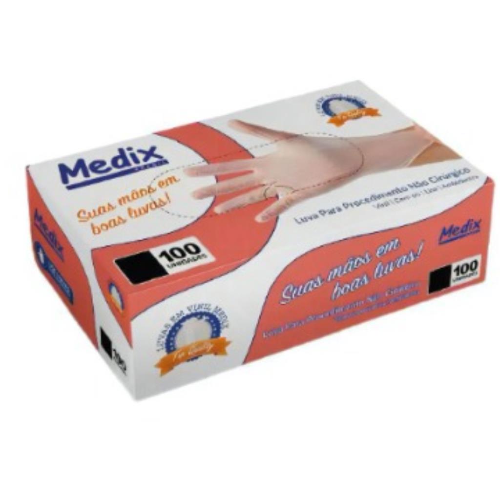 LUVA MEDIX 100 UNIDADES / VINIL / COM PÓ / LISA / AMBIDESTRA. TAM M
