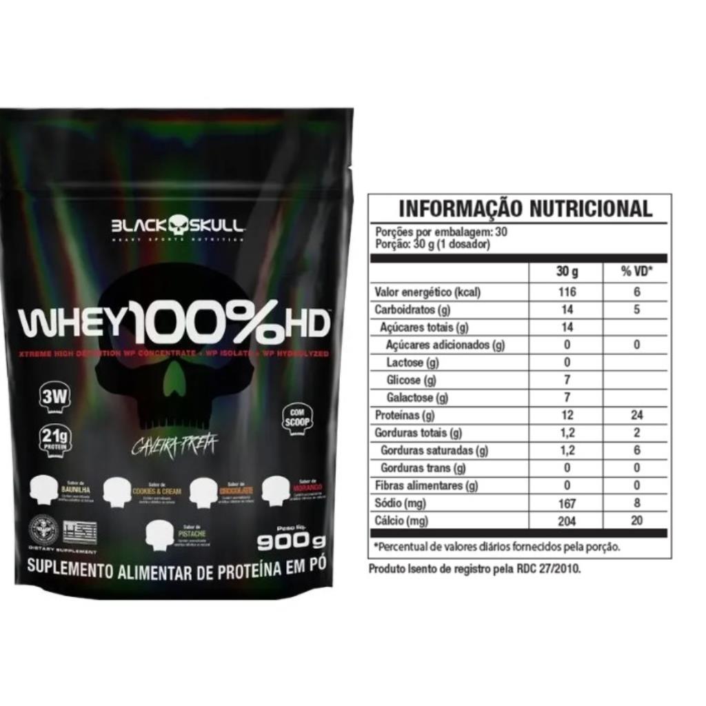 WHEY 100% HD SORVETE DE MORANGO REFIL 900G BLACK SKULL