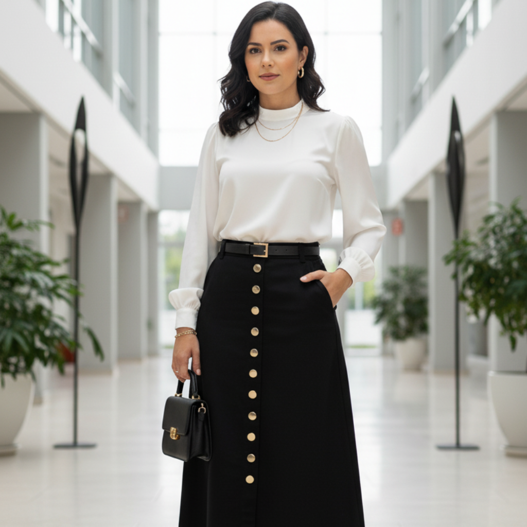 Saia Valentina - Jeans longa botões