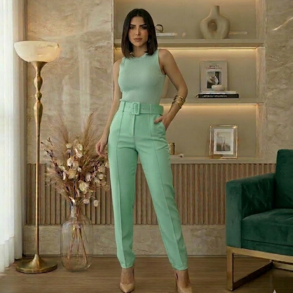 Calça Íris -  com cinto em Alfaiataria Oxford