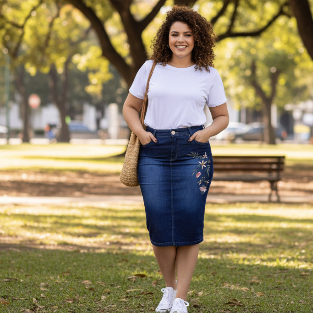 Saia Natalia Bordada - Jeans