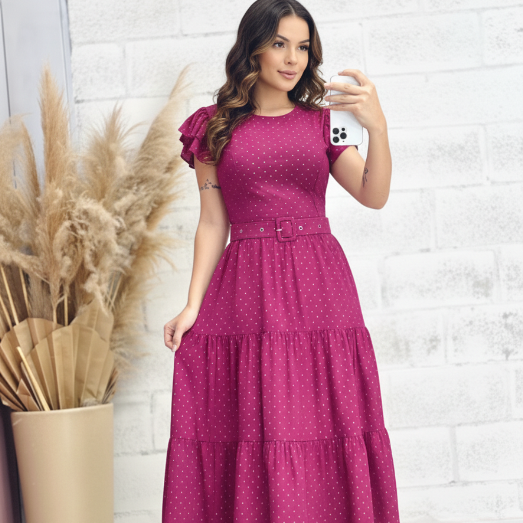 Vestido Hadassa - Manga Babado- Brilho