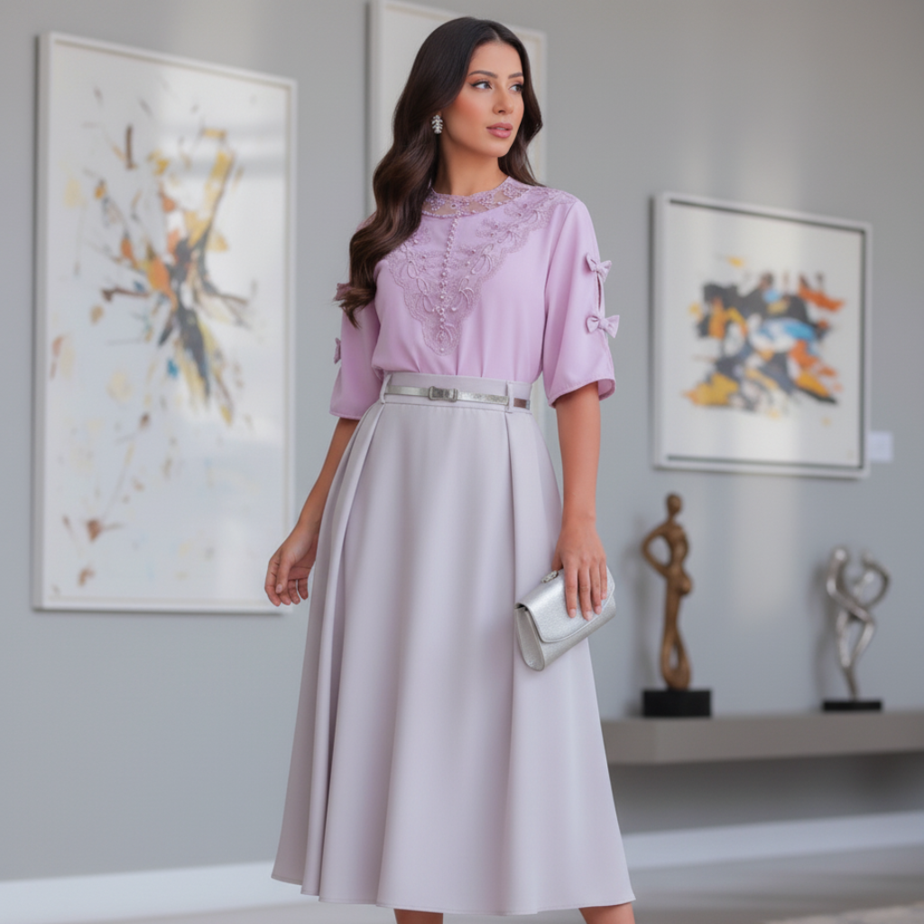 Blusa Lucy - Crepe Seda com Renda e Pérolas