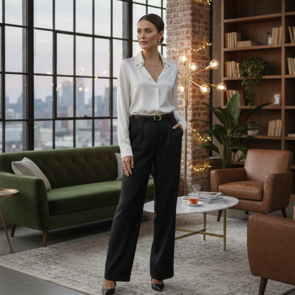 Calça Pantalona Tany - Alfaiataria Listrada Wide Leg