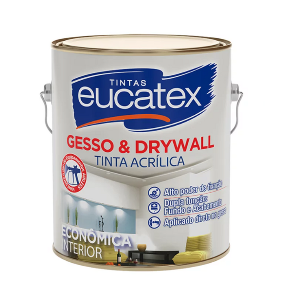 Tinta Acrílica Eucatex Gesso & Drywall Fosco Branco 3,6L – Aplicação Direta e Fixação de Partículas
