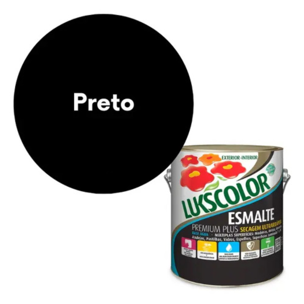 Tinta Esmalte Premium Plus Base Água Lukscolor 3,6L – Preto Brilhante – Sem Cheiro
