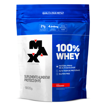 100% WHEY 900G REFIL SABOR MORANGO MAX TITANIUM