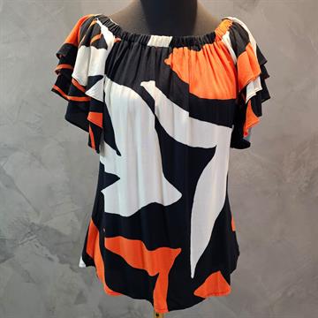BLUSA FEMININA VISCOSE EXINIA ,ESTAMPA GEOMÉTRICA EM PRETO,BEGE E LARANJA ,COM MANGAS CUTAS E FRANZIDO NO DECOTE . DISPONÍVEL;TAM. G