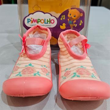 MEIA COM SOLA BEBÊ PIMPOLHO CANO CURTO SALMON COM ROSAS 21