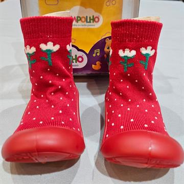 MEIA COM SOLA  BEBÊ PILPOLHO CANO MÉDIO VERMELHO FLOR 20