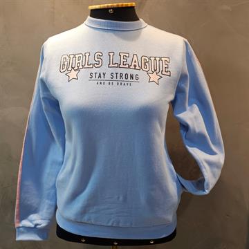 BLUSA JUVENIL FEMININA MOLETOM COR AZUL CLARO COM DETALHE ROSA NA MANGA. TAM 16.