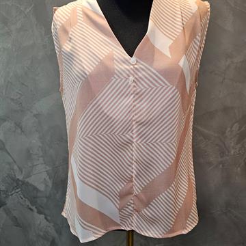 BLUSA FEMININA HARMONIA REGATA FEITA EM POLIÉSTER COM PADRÃO GEOMÉTRICO EM TONS DE BEGE, GOLA V ( M, G)