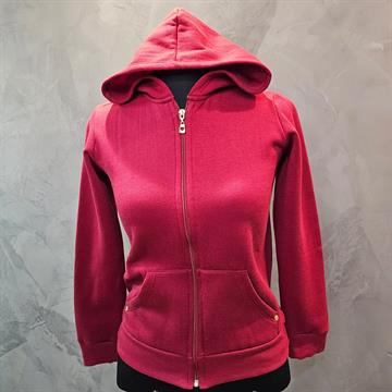 JAQUETA INFANTO JUVENIL FEMININA QUIMBY EM MOLETOM COM CAPUZ, ZÍPER E BOLSOS FRONTAIS, COR VINHO. TAM 12.