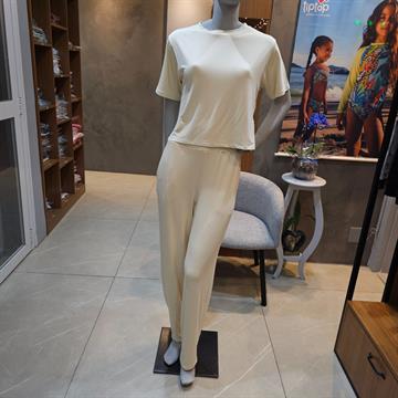 CONJUNTO FEMININO CALCA BLUSA MANGA CURTA OFF WHITE P
