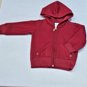 JAQUETA INFANTO JUVENIL FEMININA QUIMBY EM MOLETOM COM CAPUZ, ZÍPER E BOLSOS FRONTAIS. COR VINHO. TAM 01.
