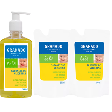 141660 Kit Sabonete Líquido Granado Glicerina Bebê 500ml + 2 Refil 250ml (cada)