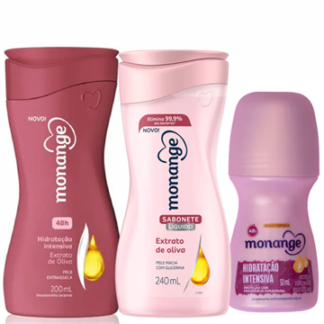 141616 Kit Sabonete Líquido + Hidratante Corporal Monange Extrato de Oliva + Roll-on Hidratação Intensiva