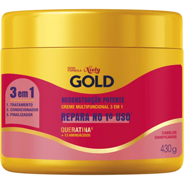 482734 Creme Multifuncional Niely Gold 3 em 1 Cabelos Danificados Reconstrução Potente 430g