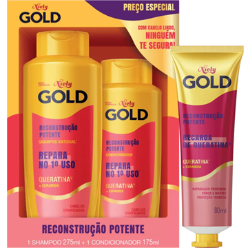 141721 Kit Niely Gold Cabelos Danificados Reconstrução Potente Shampoo e Condicionador + Queratina