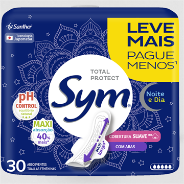 Absorvente Sym Total Protect Noite e Dia Cobertura Suave Com Abas 30 Unidades Leve Mais Pague Menos