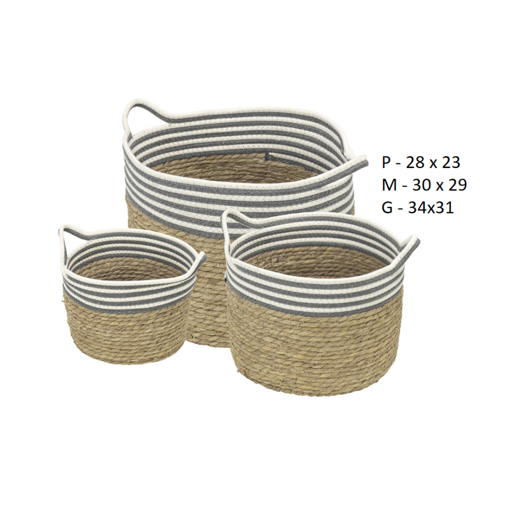 KIT 2 CESTOS PTY EM FIBRA CINZA BRANCA (SEAGRASS)