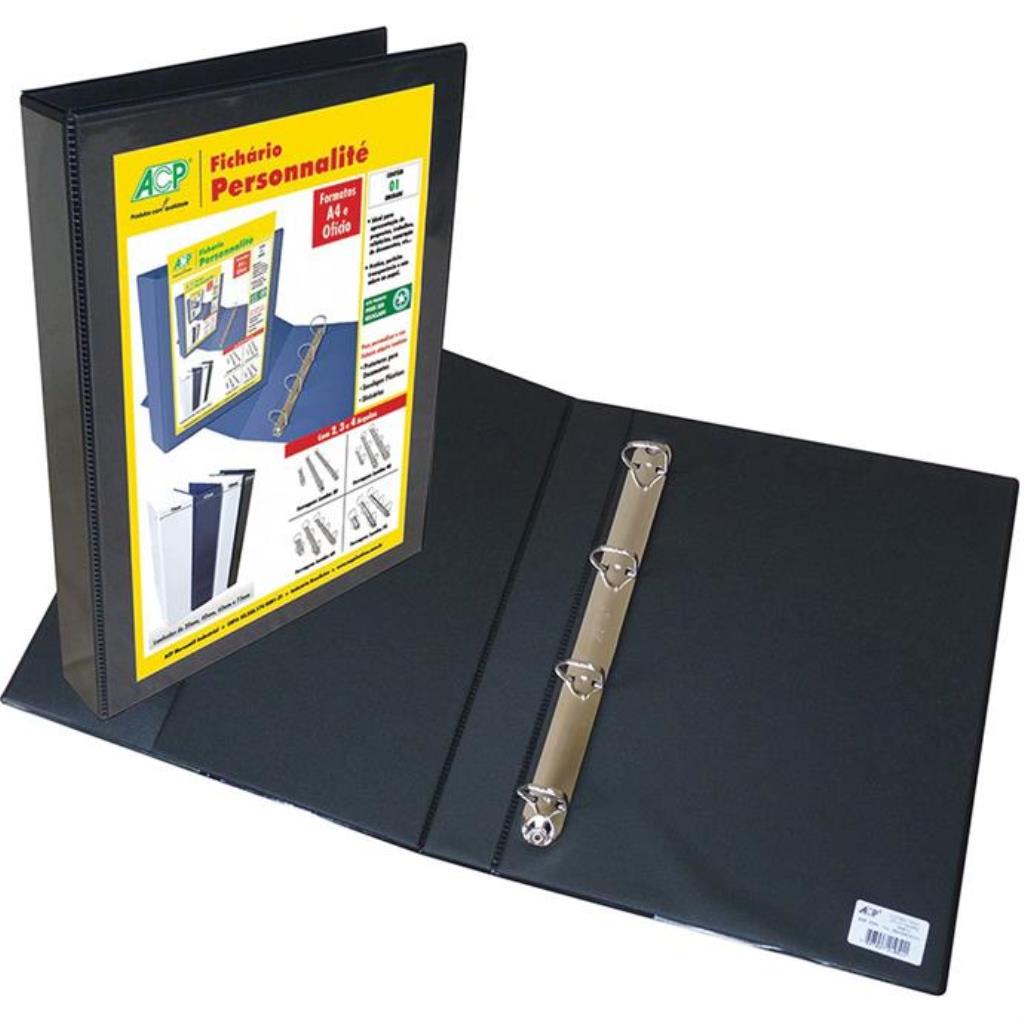 Fichário de PVC Personalité A4 40 mm 4 Argolas Preto - ACP