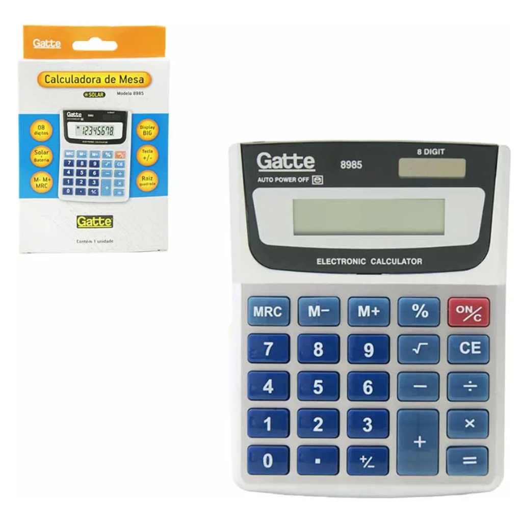 Calculadora Mesa 8 Dígitos Gatte Cinza Bateria Solar Compacta