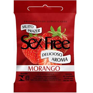 PRESERVATIVOS LUBRIFICADOS AROMÁTICOS MORANGO COM 3 UNIDADES SEX FREE
