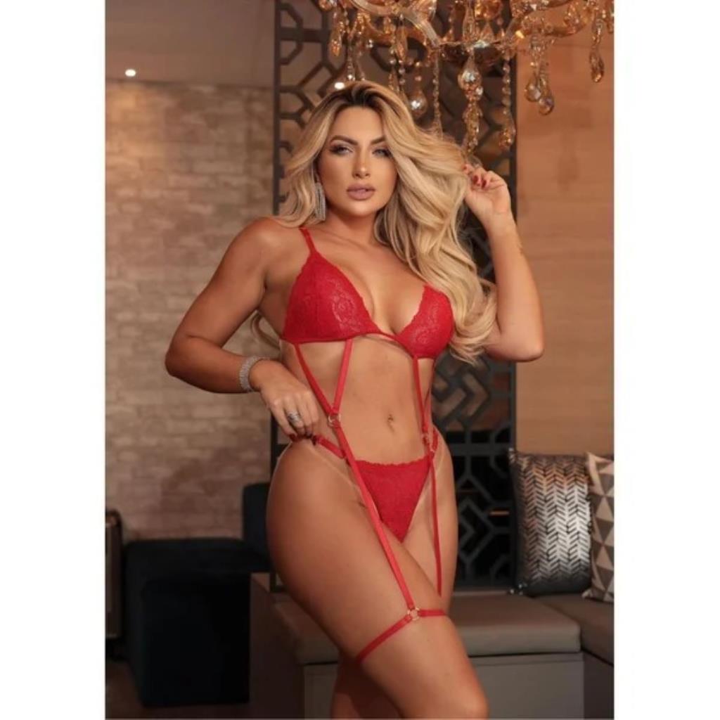CONJUNTO SENSUAL RENATA COM CINTA LIGA VERMELHO