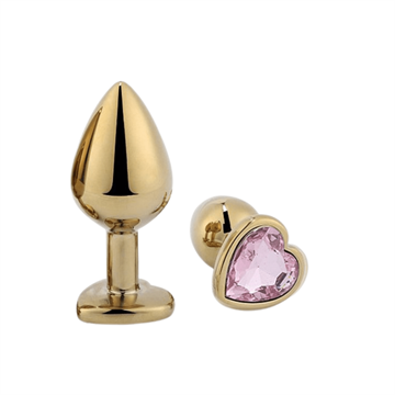 PLUG ANAL DE CORACAO EM ACO - DOURADO COM PEDRA 7 X 2,8 CM - TAMANHO P - COR: ROSA 7055