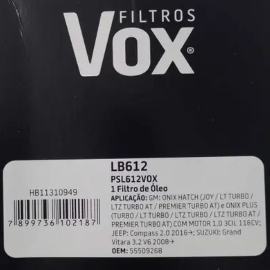 FILTRO LUB ONIX 1.0 19> TURBO 3CIL LB612/VOX/PSL612/55509268/