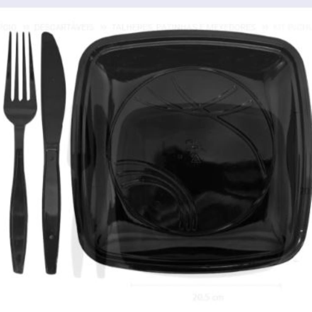 KIT CHURRASCO BIO PRETO (10 Pratos Quadrados + 10 Garfos + 10 Facas)