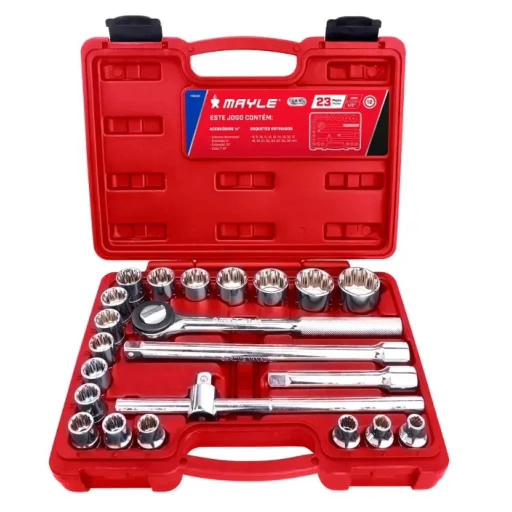 KIT SOQUETE ESTRIADO ENCAIXE 8 A 32MM 1/2 CATRACA 23PC - MAYLE
