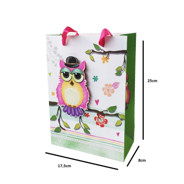 SACOLA PAPEL PEQUENA CORUJA 3D
