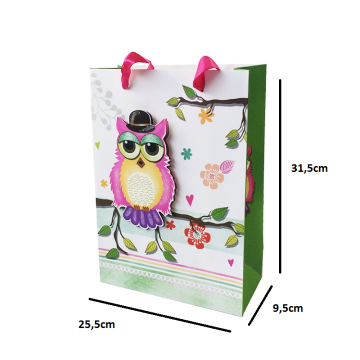 SACOLA PAPEL MEDIA CORUJA 3D