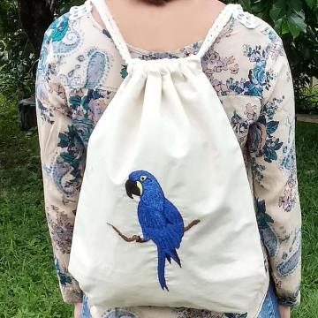 Arara-azul - Mochila Grande de Pano - Pássaros Caparaó