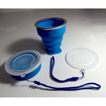 Copo de silicone retrátil - aro metálico - 200ml - AZUL
