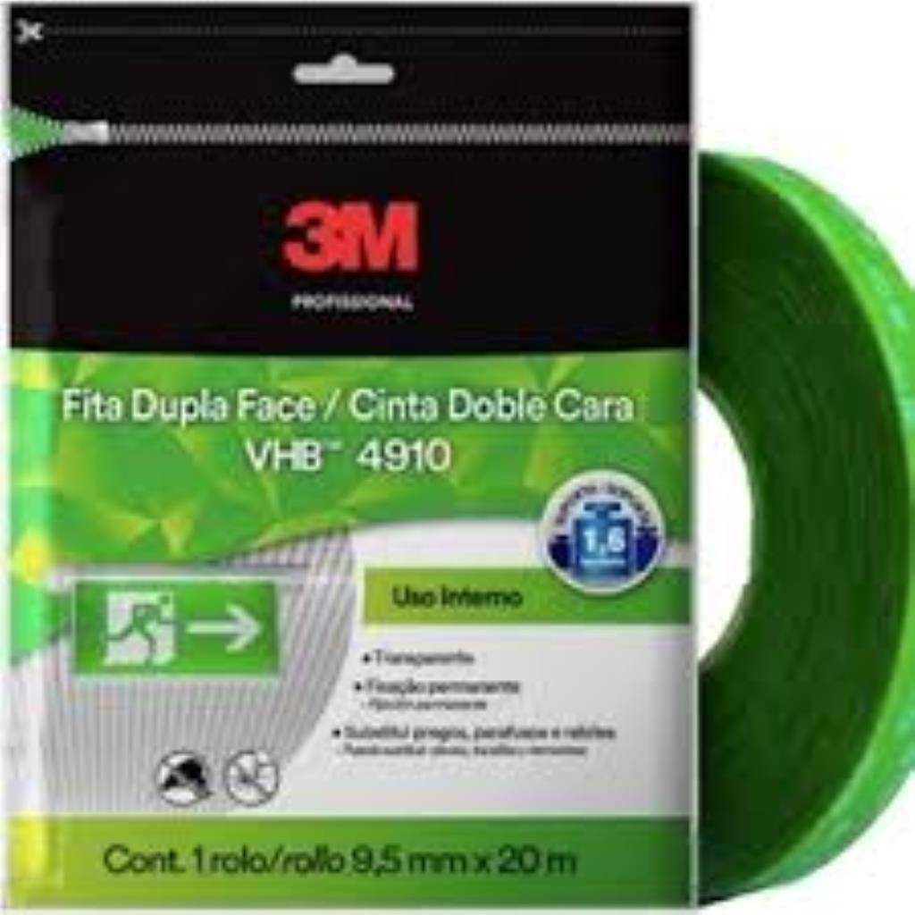 Fita Dupla Face Fixa Forte 3M VHB 4910 Transparente / Verde 12mm x 20m SM 3M