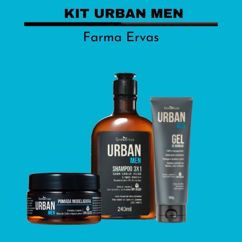 Kit Urban Men- Shampoo 3x1+ Gel para barbear+ Pomada Modeladora